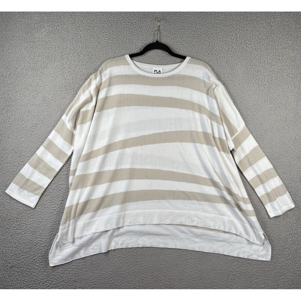 Planet Lauren G Sweater Womens One Size Asymmetrical‎ Tan Stripes Knit Top Boxy